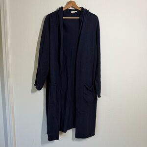 Eileen Fisher Cotton Long Length Hooded Open Front Knit Cardigan Size XL Blue